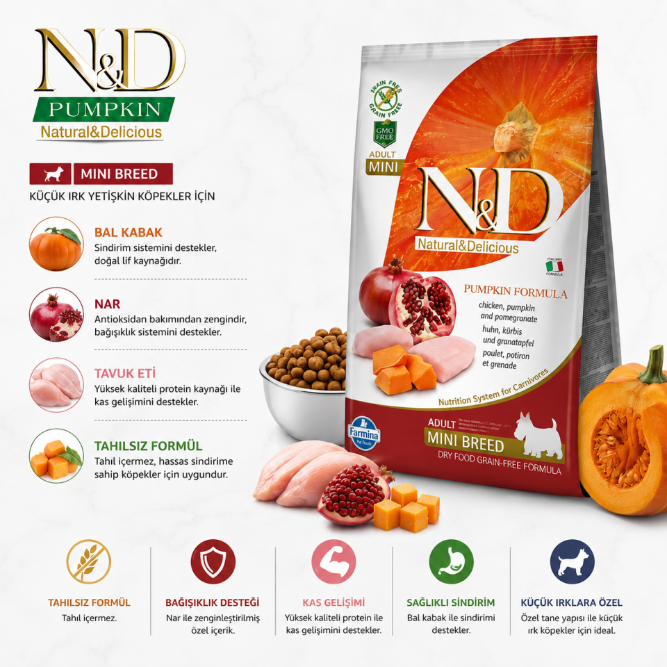 N&D Pumpkin Tahılsız Bal Kabaklı Tavuk Etli Narlı Küçük Irk Yetişkin Köpek Maması 2.5 Kg