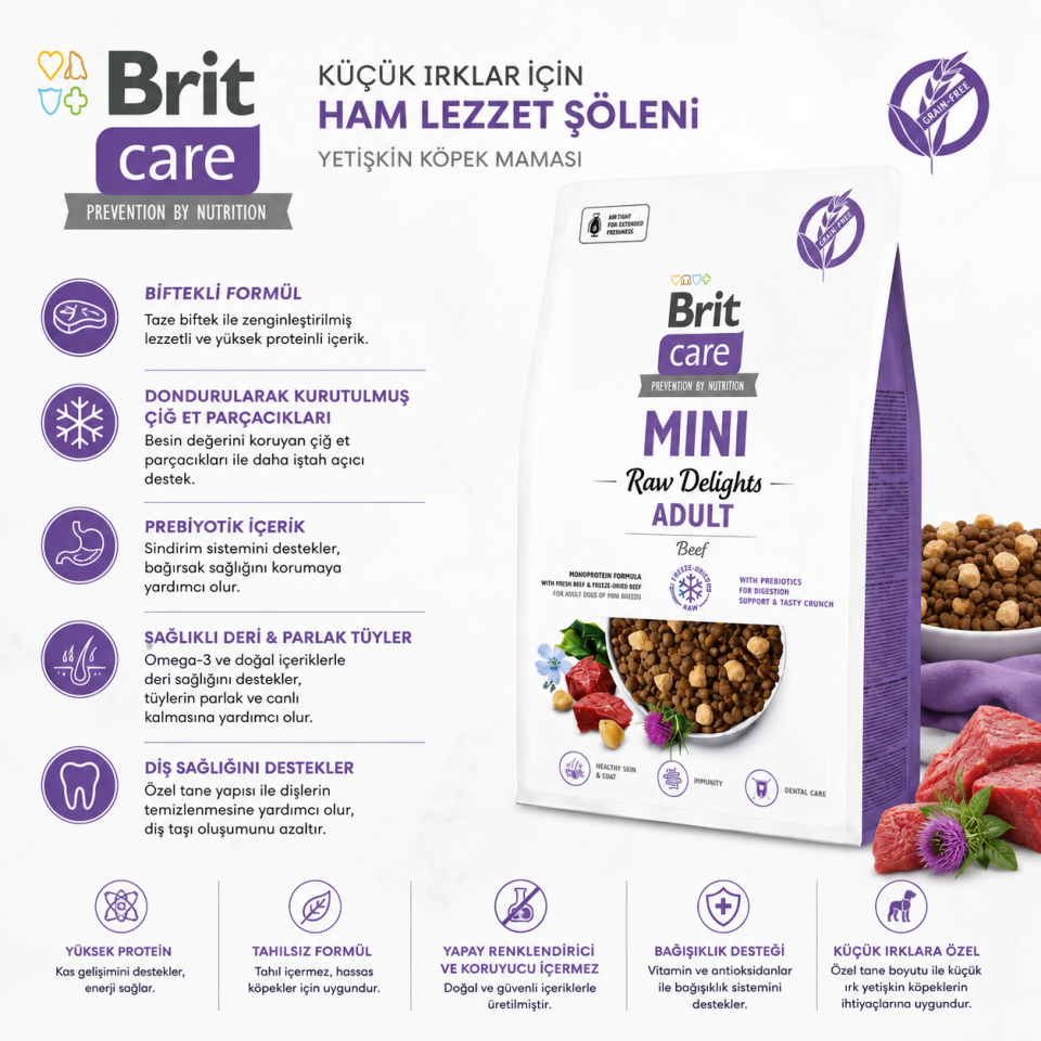 Brit Care FD Raw Delights Biftekli Küçük Irk Yetişkin Köpek Maması 2 Kg
