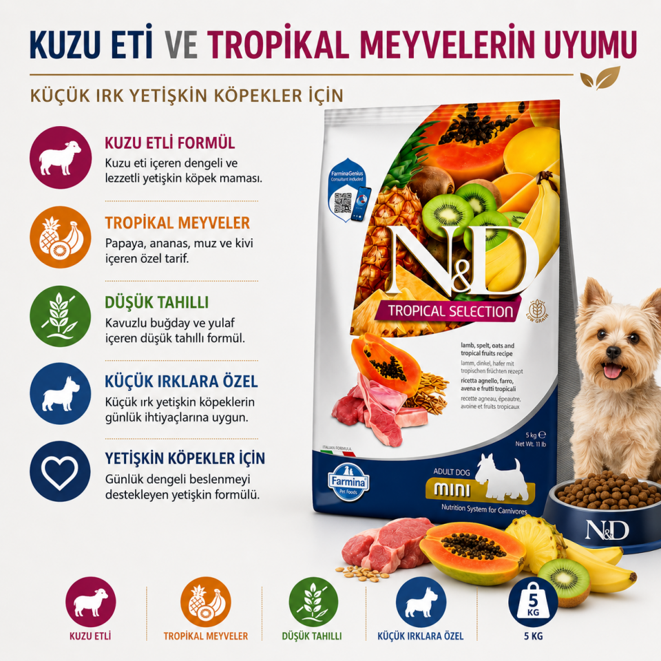 N&D Tropical Selection Düşük Tahıllı Kuzu Etli ve Tropikal Meyveli Küçük Irk Yetişkin Köpek Maması 5 Kg