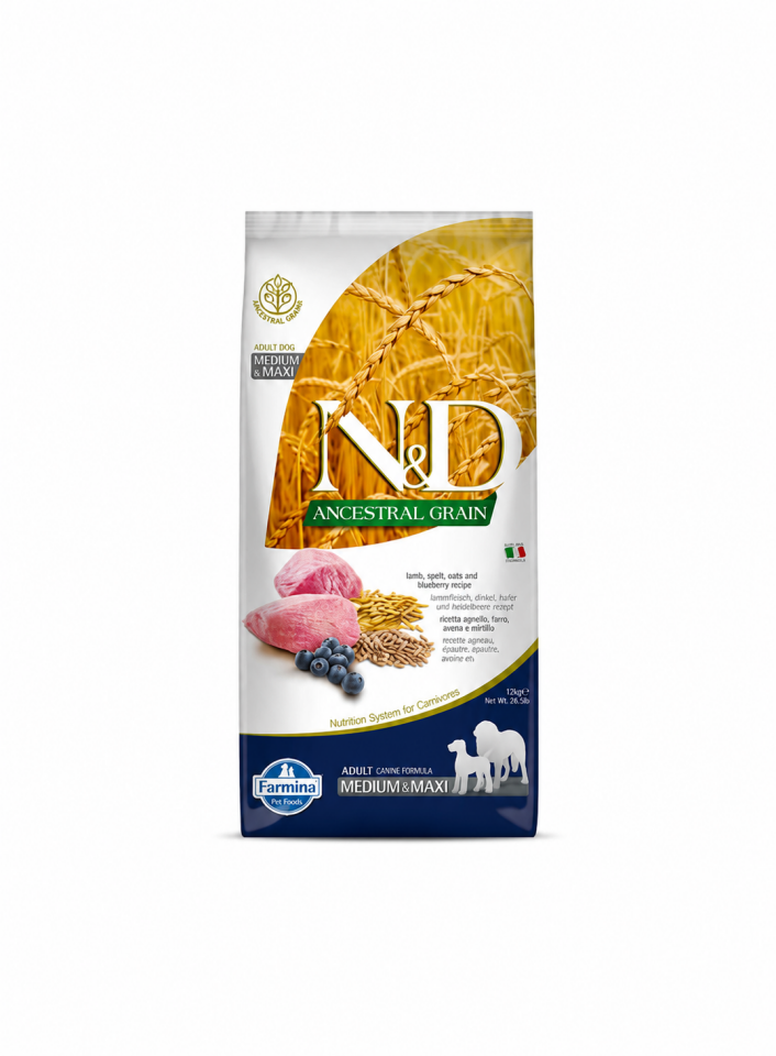 N&D Düşük Tahıllı Kuzu Etli Yaban Mersinli Orta ve Büyük Irk Yetişkin Köpek Maması 12 Kg