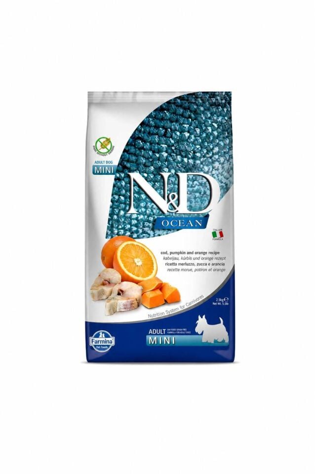 N&D Ocean Tahılsız Balkabaklı Morina Balıklı ve Portakallı Küçük Irk Yetişkin Köpek Maması 2,5 Kg