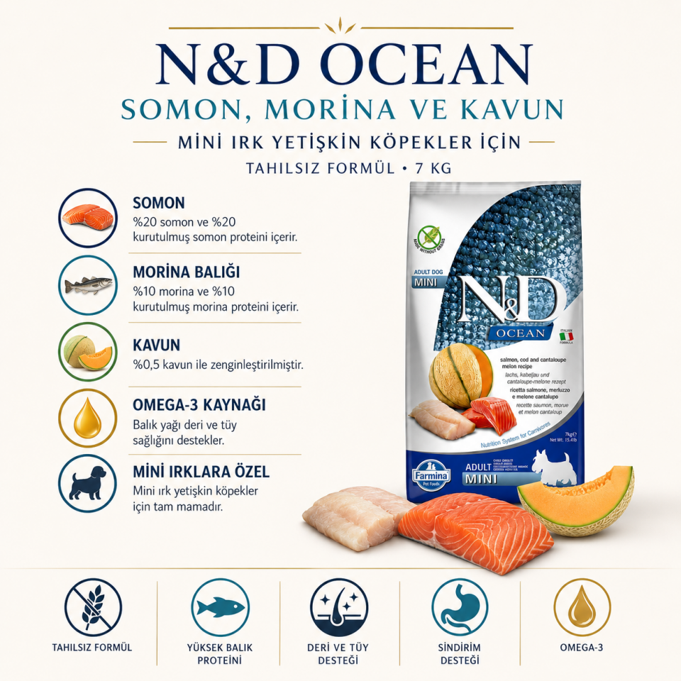 N&D Ocean Morina Balıklı ve Kavunlu Mini Irk Tahılsız Yetişkin Köpek Maması 7 kg