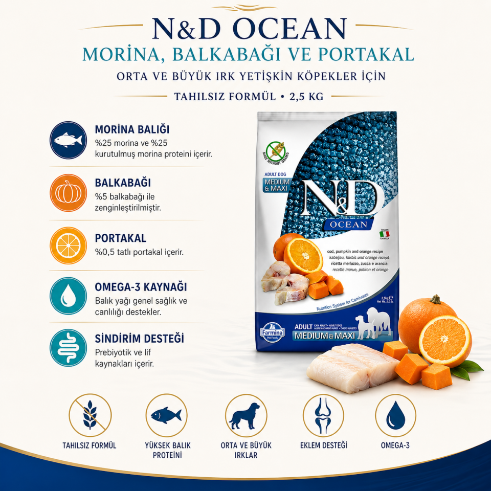 N&D Ocean Tahılsız Balkabaklı Morina Balıklı Orta ve Büyük Irk Köpek Maması 2,5 Kg