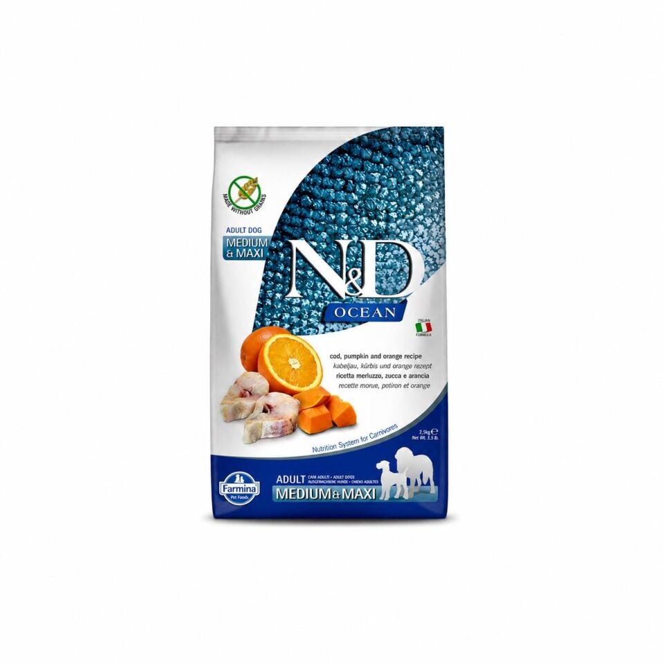 N&D Ocean Tahılsız Balkabaklı Morina Balıklı Orta ve Büyük Irk Köpek Maması 2,5 Kg