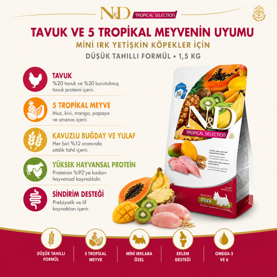 N&D Tropical Selection Tavuk ve Meyveli Mini Irk Köpek Maması 1,5 Kg