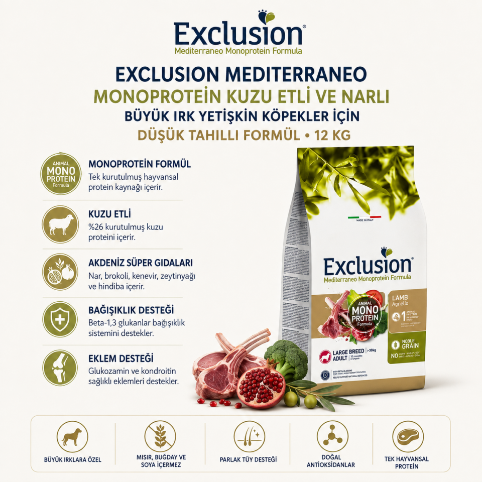 Exclusion Monoprotein Kuzu Etli ve Narlı Düşük Tahıllı Büyük Irk Yetişkin Köpek Maması 12 Kg