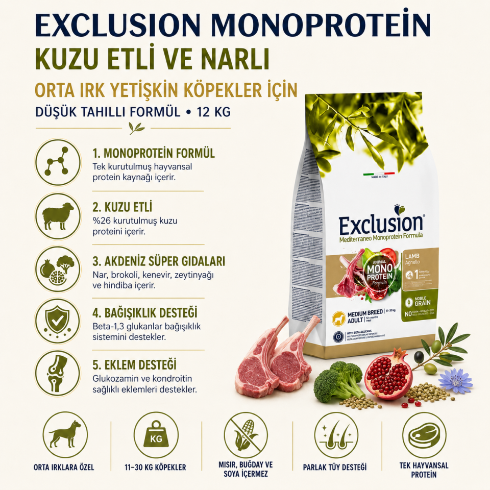 Exclusion Monoprotein Kuzu Etli ve Narlı Düşük Tahıllı Orta Irk Yetişkin Köpek Maması 12 Kg