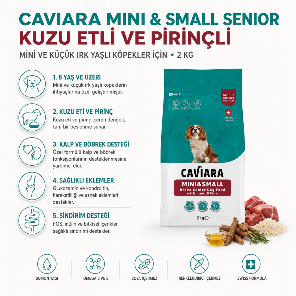 Caviara Kuzu Etli ve Pirinçli Mini ve Küçük Irk Yaşlı Köpek Maması 2 Kg