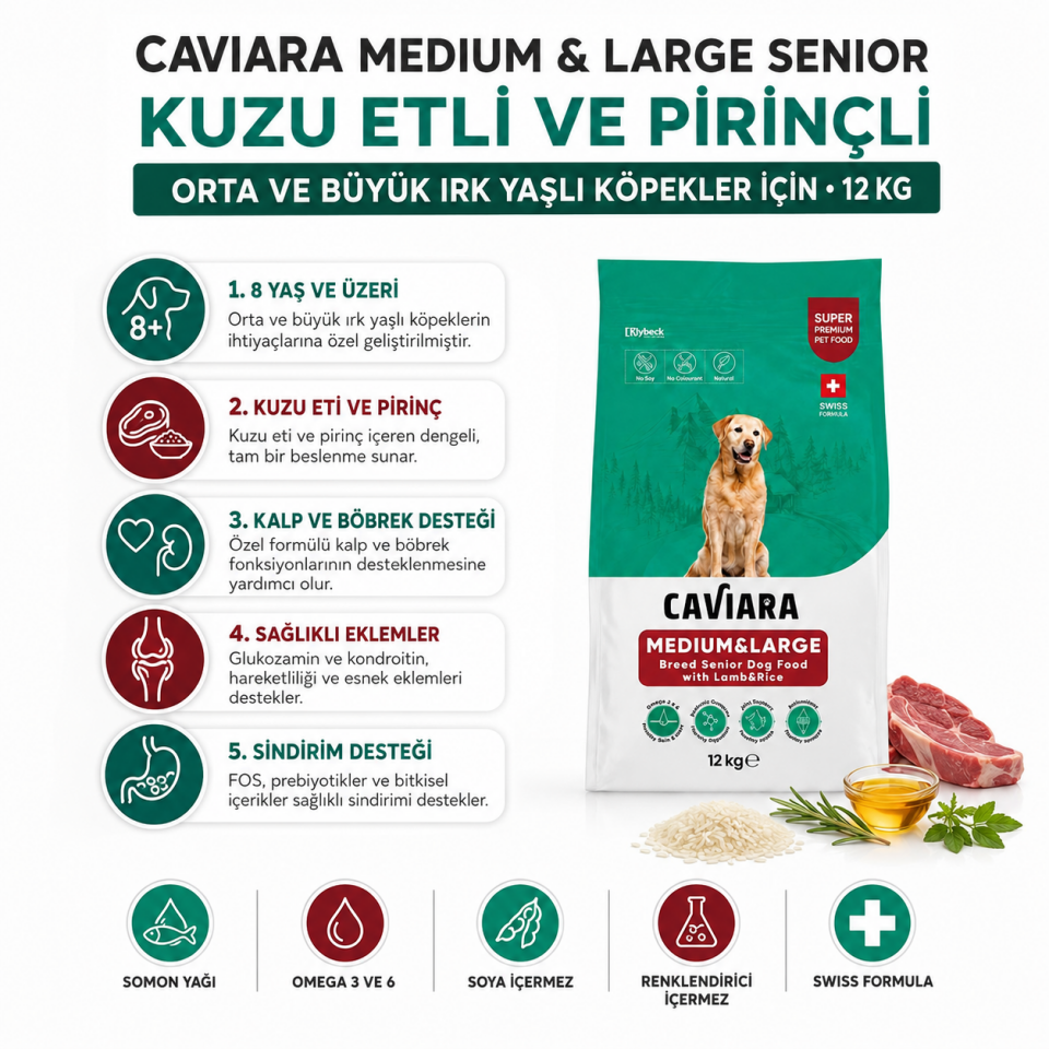 Caviara Kuzu Etli ve Pirinçli Orta ve Büyük Irk Yaşlı Köpek Maması 12 Kg