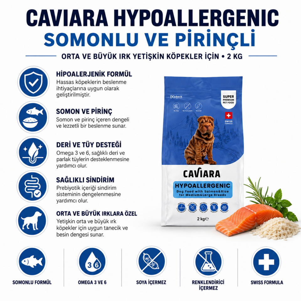 Caviara Hipoalerjenik Somonlu ve Pirinçli Orta ve Büyük Irk Yetişkin Köpek Maması 2 Kg