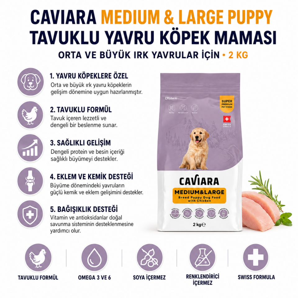 Caviara Tavuklu Orta ve Büyük Irk Yavru Köpek Maması 2 Kg