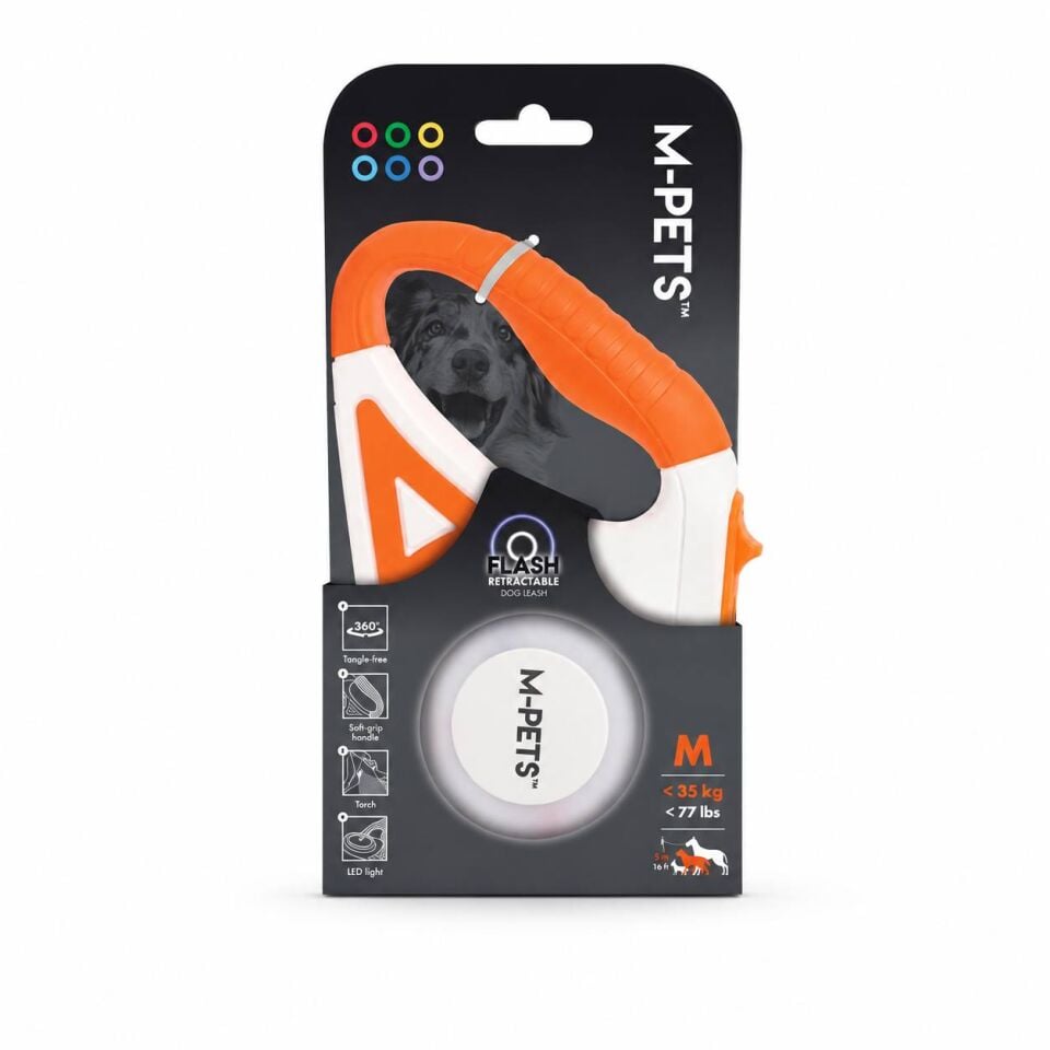 M-Pets Flash Ledli Turuncu Otomatik Şerit Köpek Gezdirme Tasması 5 Mt
