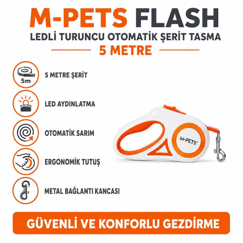 M-Pets Flash Ledli Turuncu Otomatik Şerit Köpek Gezdirme Tasması 5 Mt