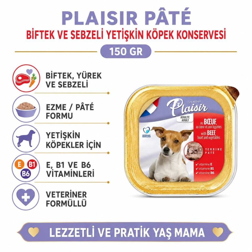 Plaisir Pate Ezme Biftek ve Sebzeli Yetişkin Köpek Konservesi 150 Gr