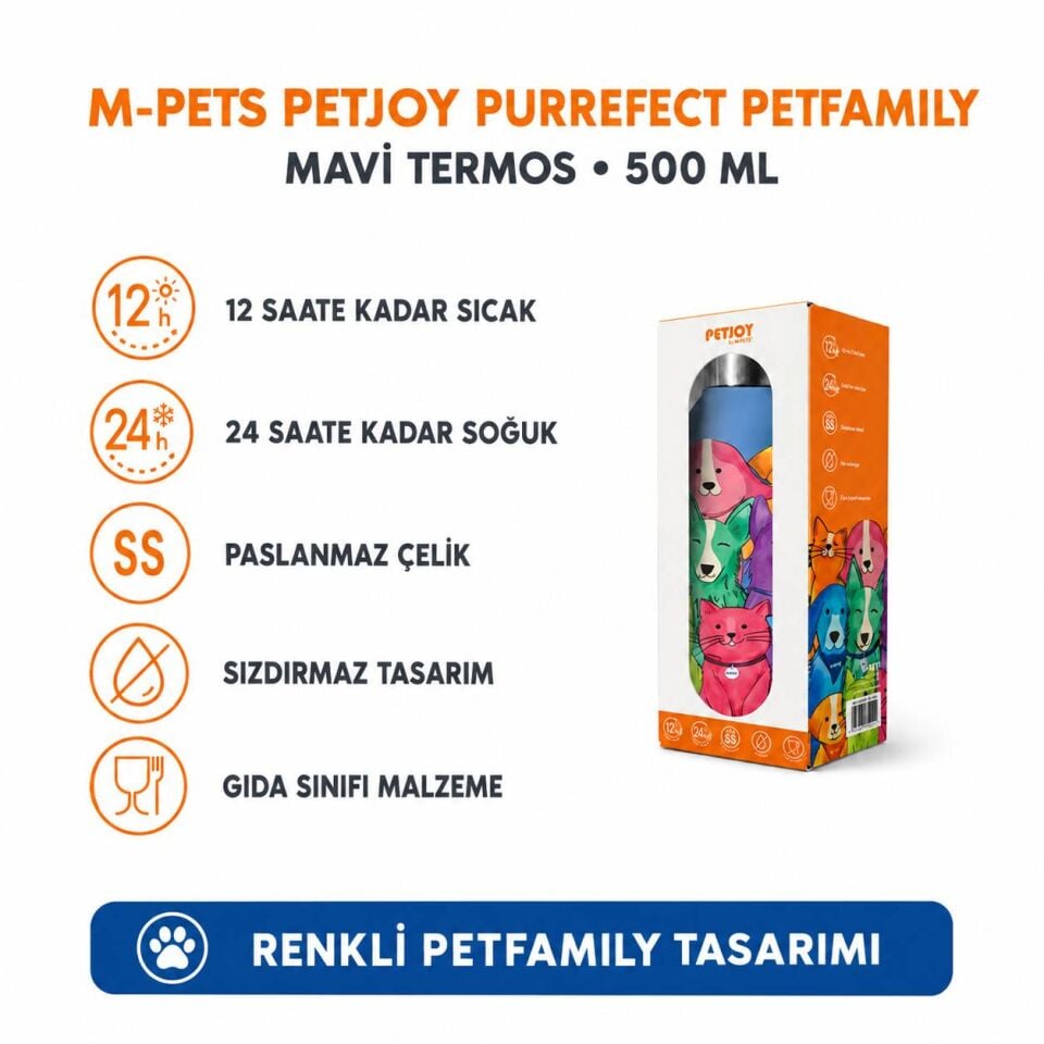 M-Pets Petjoy Purrefect Petfamily Mavi Termos 500 Ml