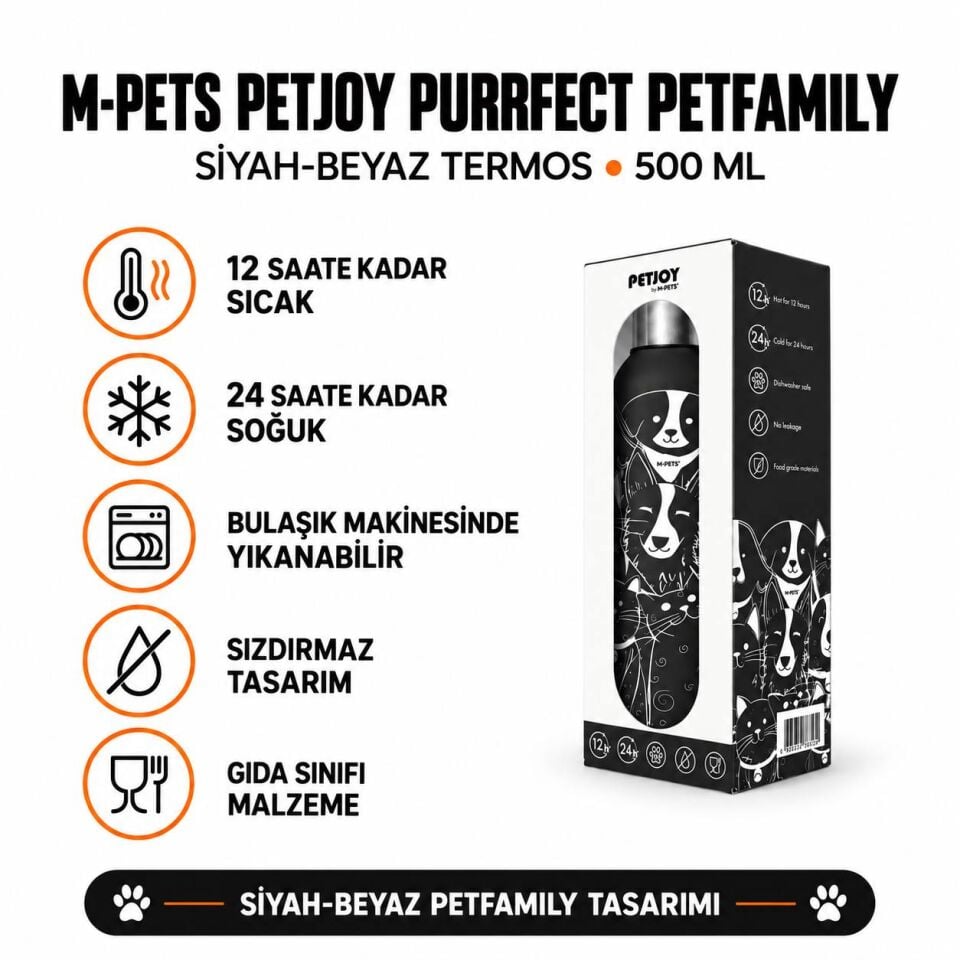M-Pets Petjoy Purrfect Petfamily Siyah Beyaz Termos 500 Ml