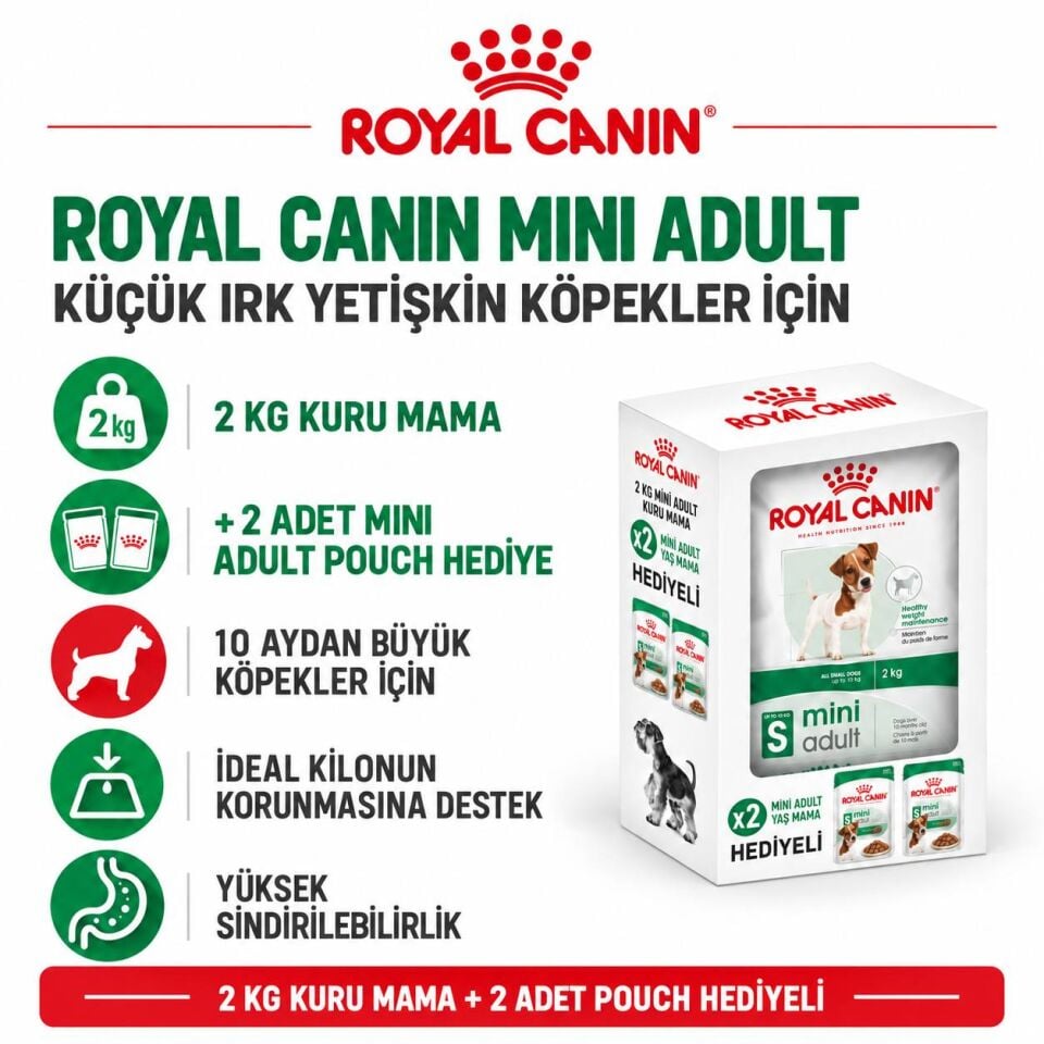 Royal Canin Mini Adult Küçük Irk Yetişkin Köpek Maması 2 Kg + 2 Adet Pouch Hediyeli