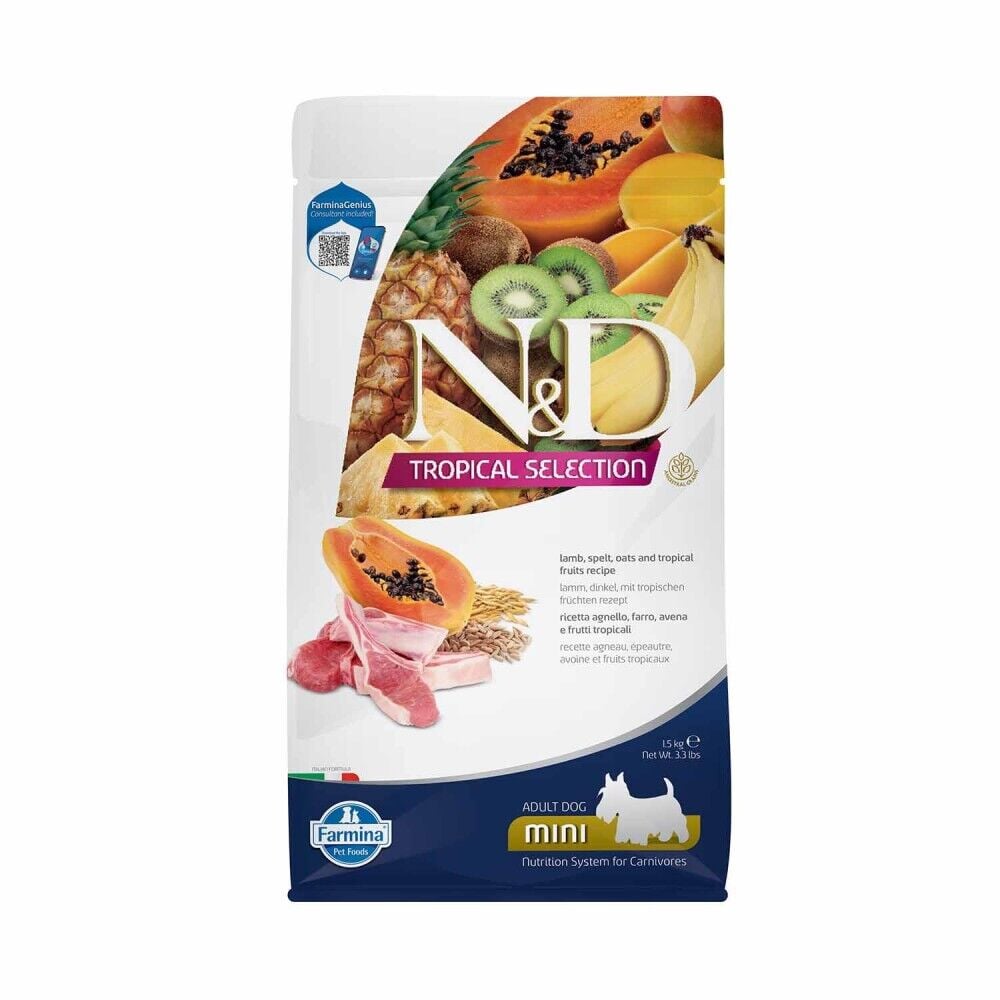 N&D Tropical Selection Düşük Tahıllı Kuzu Etli ve Tropikal Meyveli Küçük Irk Yetişkin Köpek Maması 1,5 Kg