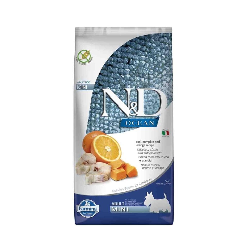 N&D Ocean Tahılsız Balkabaklı Morina Balıklı ve Portakallı Küçük Irk Yetişkin Köpek Maması 7 Kg