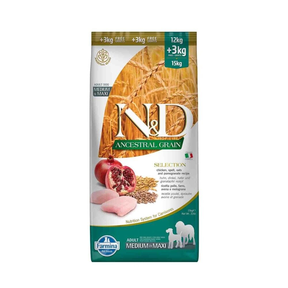 N&D Düşük Tahıllı Tavuk Narlı Orta ve Büyük Irk Köpek Maması 12 Kg + 3 Kg
