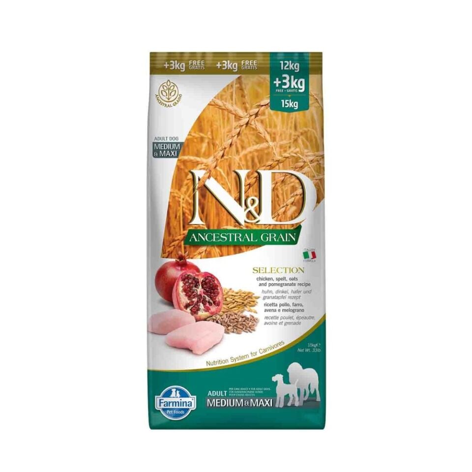 N&D Düşük Tahıllı Tavuk Narlı Orta ve Büyük Irk Köpek Maması 12 Kg + 3 Kg