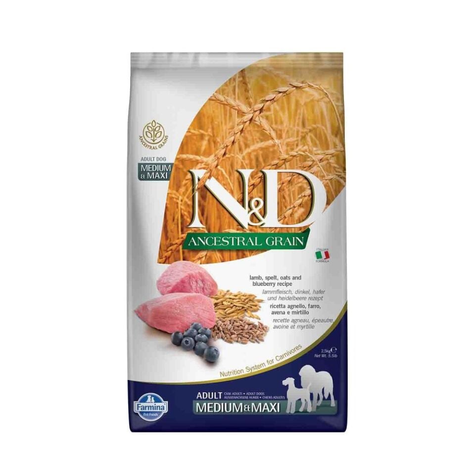 N&D Düşük Tahıllı Kuzu Etli Yaban Mersinli Orta ve Büyük Irk Yetişkin Köpek Maması 2,5 Kg