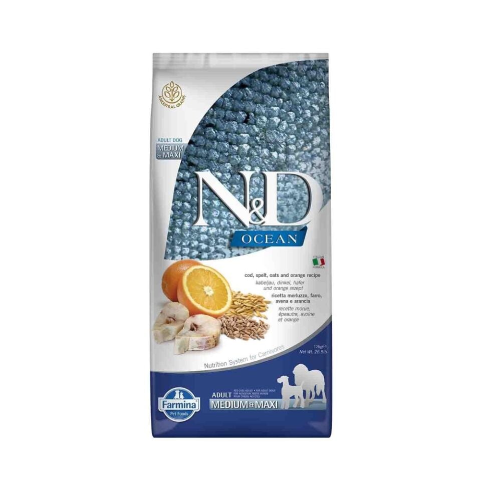 N&D Ocean Düşük Tahıllı Balıklı ve Portakallı Orta ve Büyük Irk Yetişkin Köpek Maması 12 Kg