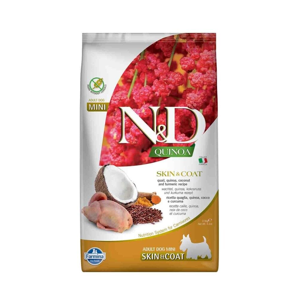 N&D Quinoa Skin & Coat Tahılsız Bıldırcınlı ve Hindistan Cevizli Küçük Irk Yetişkin Köpek Maması 2,5 Kg