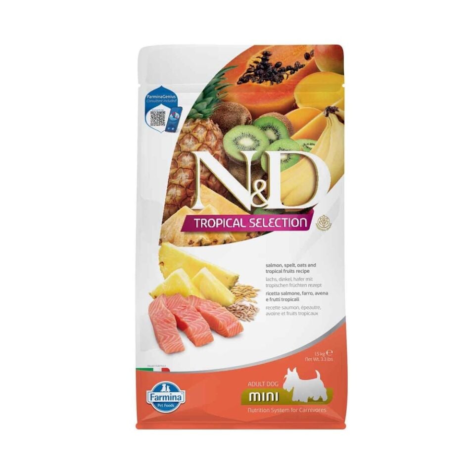 N&D Tropical Selection Düşük Tahıllı Somonlu ve Tropikal Meyveli Küçük Irk Yetişkin Köpek Maması 1,5 Kg