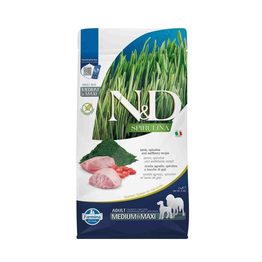 N&D Spirulina Takviyeli Tahılsız Kuzulu Orta ve Büyük Irk Yetişkin Köpek Maması 2 Kg