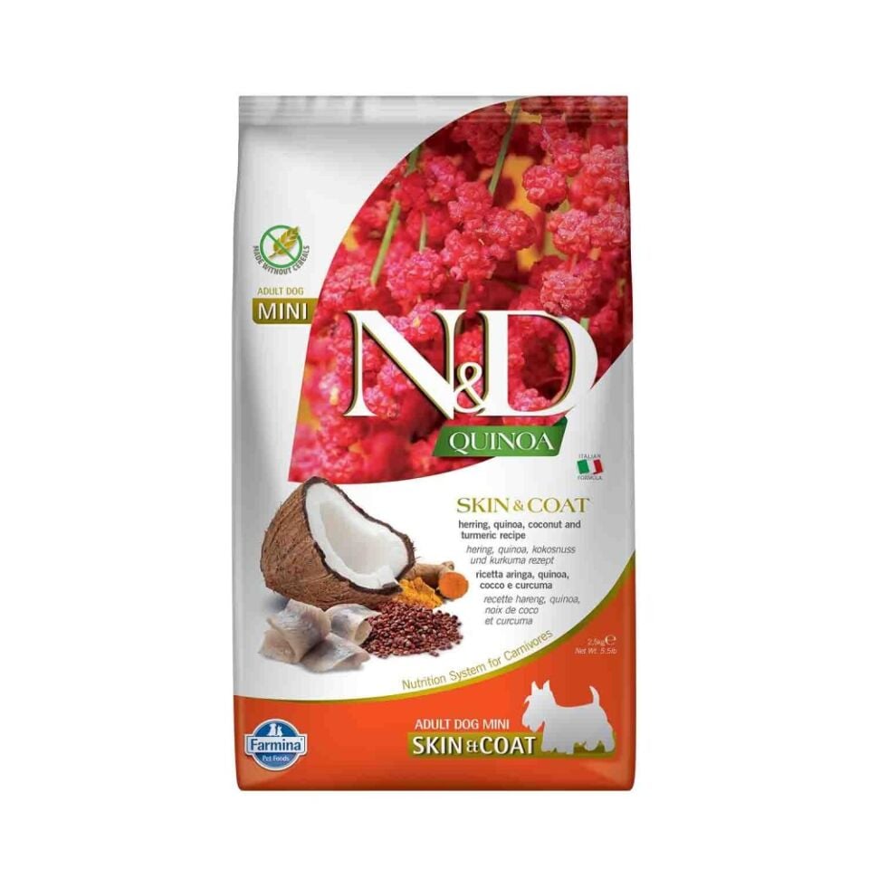 N&D Quinoa Skin & Coat Tahılsız Tüy Bakımı Ringa Balıklı Mini Yetişkin Köpek Maması 2,5 Kg