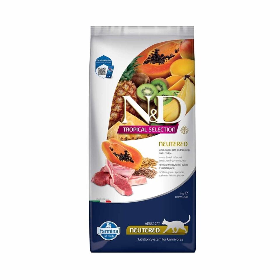 N&D Tropical Selection Düşük Tahıllı Kuzu Etli ve Tropikal Meyveli Kısırlaştırılmış Kedi Maması 10 Kg