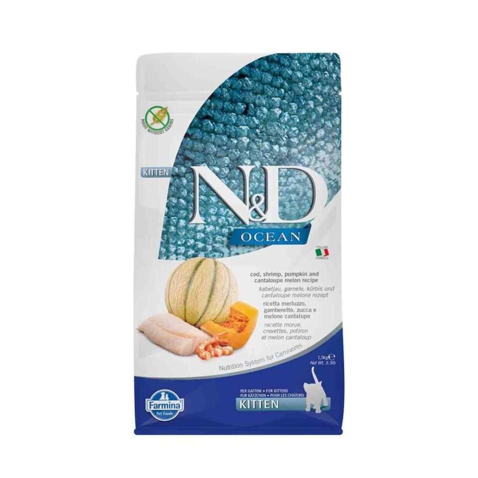 N&D Ocean Kitten Balkabaklı Morina Balıklı ve Karidesli Kavunlu Yavru Kedi Maması 1,5 Kg