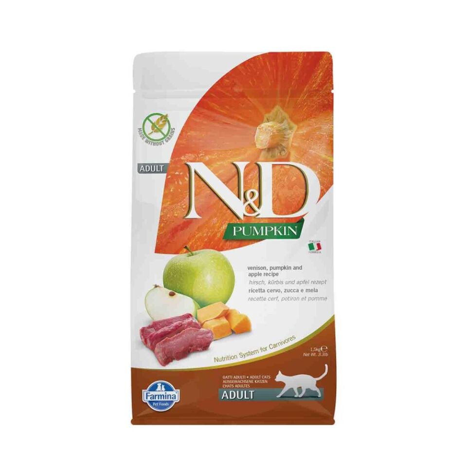 N&D Pumpkin Tahılsız Geyik Etli Bal Kabaklı ve Elmalı Yetişkin Kedi Maması 1,5 Kg