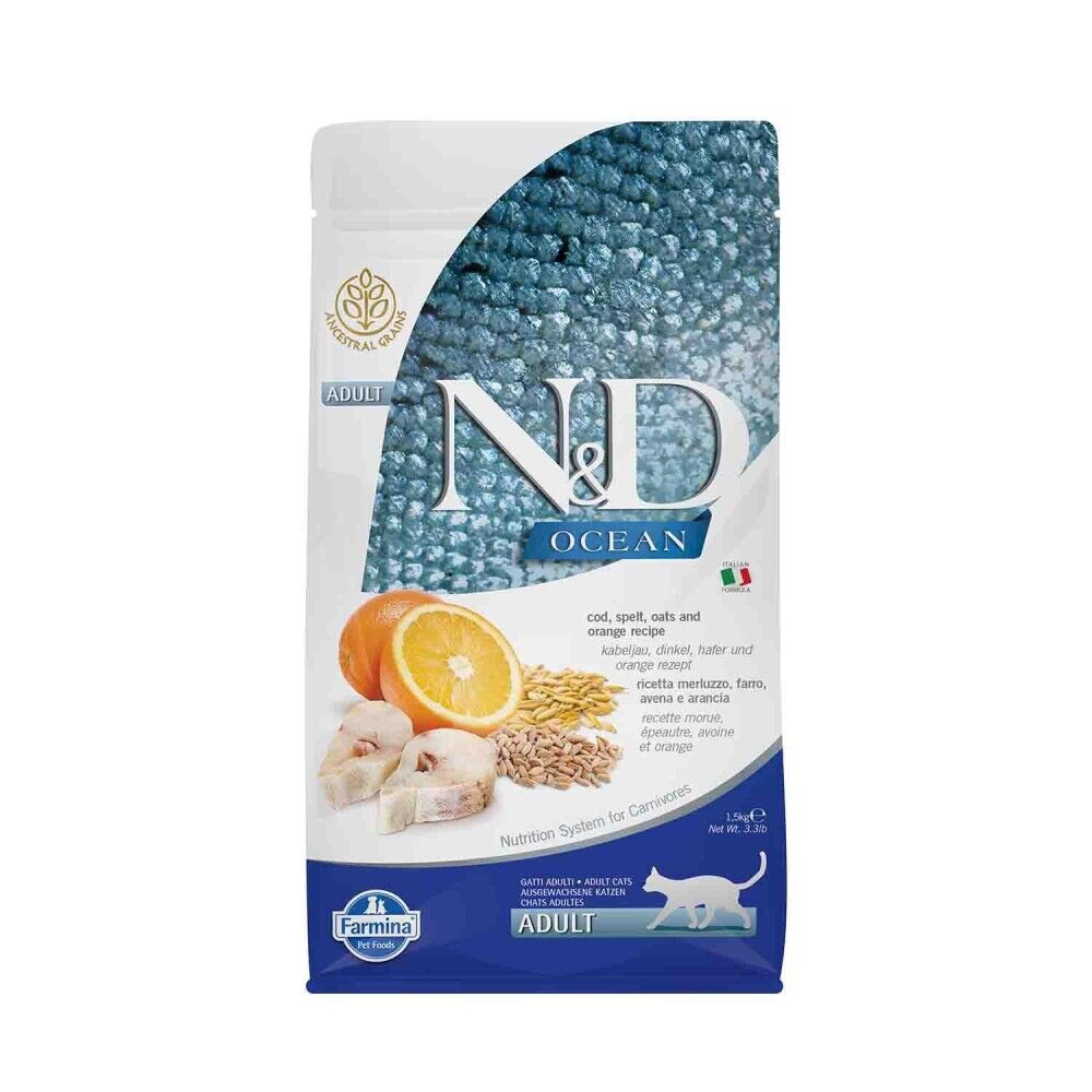 N&D Ocean Düşük Tahıllı Morina Balıklı Portakallı Yetişkin Kedi Maması 1,5 Kg