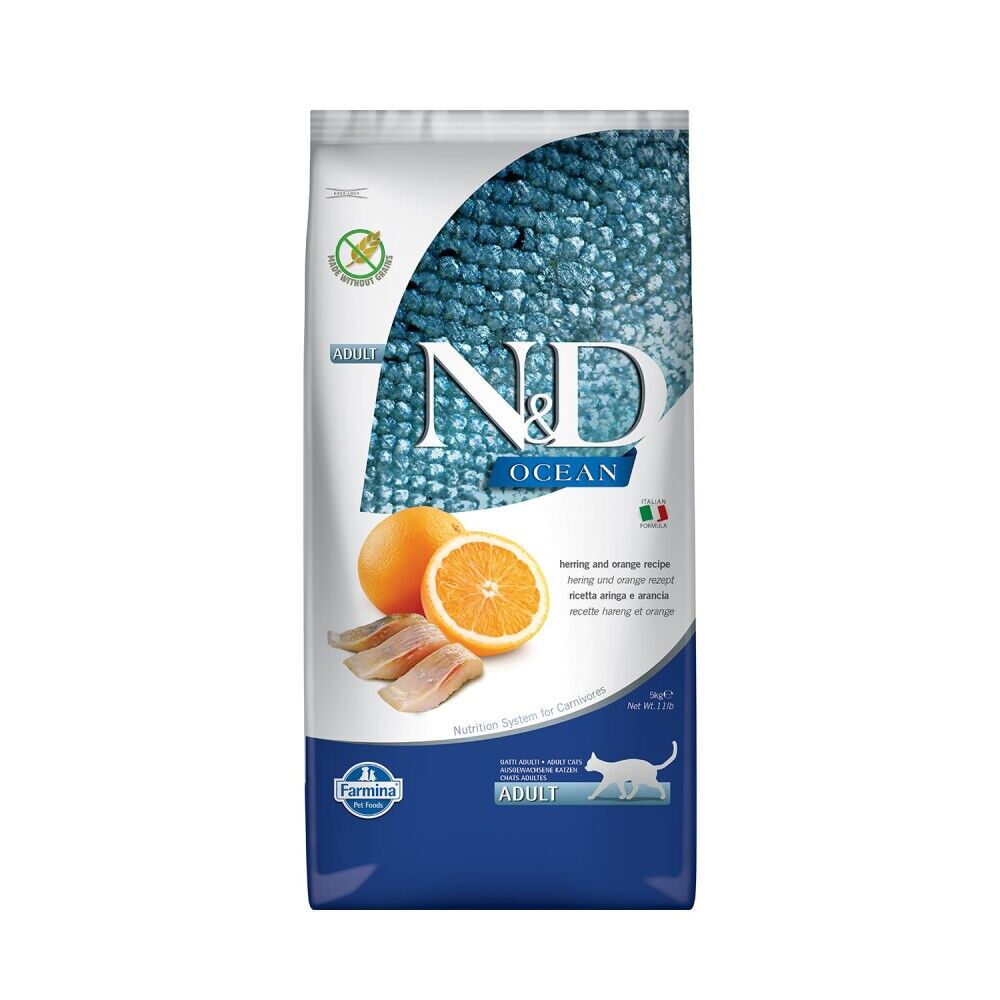 N&D Ocean Tahılsız Ringa Balıklı Portakallı Yetişkin Kedi Maması 5 Kg