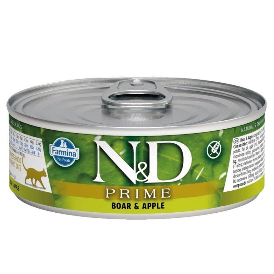 N&D Prime Tahılsız Yaban Domuzlu ve Elmalı Yetişkin Kedi Konservesi 80 Gr