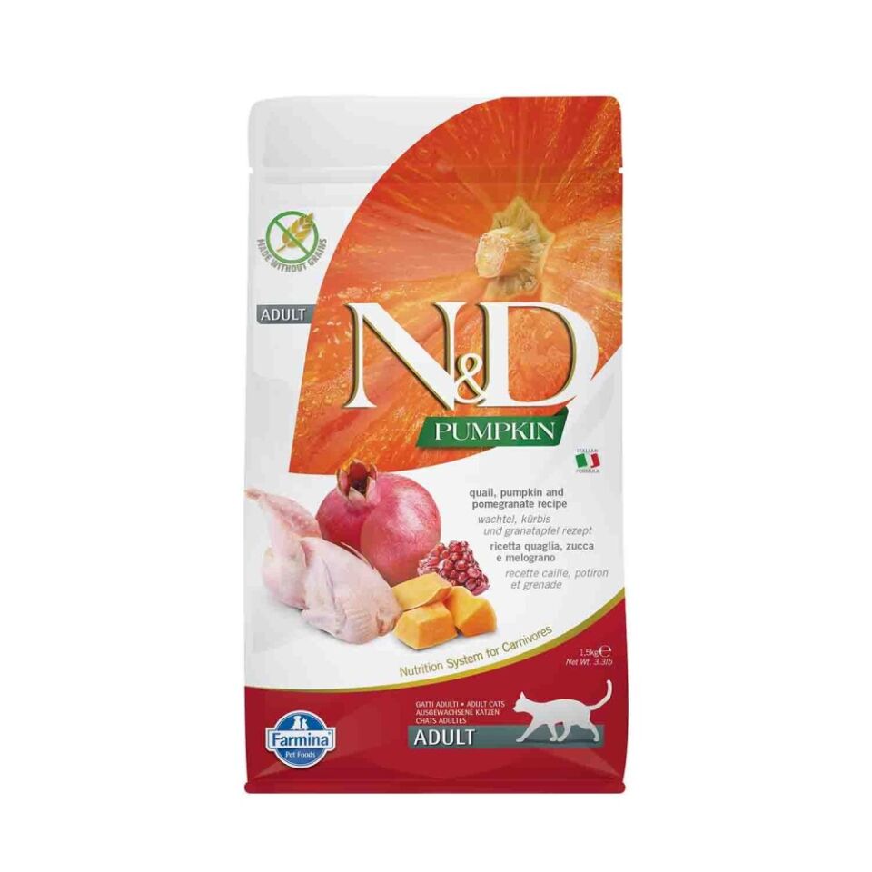 N&D Pumpkin Tahılsız Bıldırcın Etli Bal Kabaklı ve Narlı Yetişkin Kedi Maması 1,5 Kg